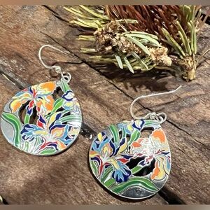 Brighton Iris Bloom Earrings Fine Silver .999 Plated Floral Enamel Beach Design